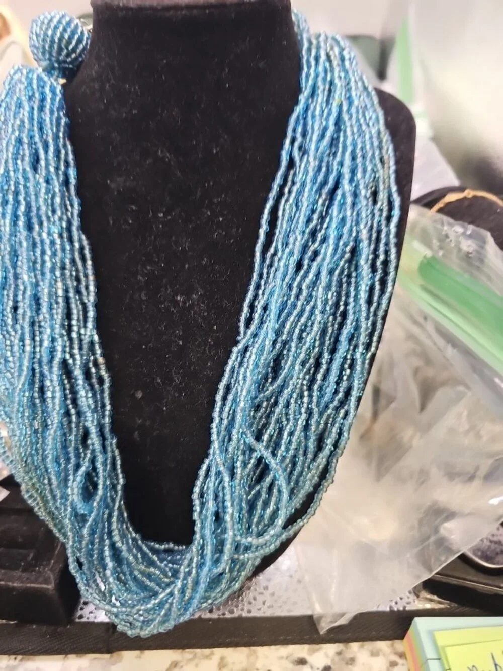 Necklace Light Blue Seed Beads Multi Strand Lobster Closure 18